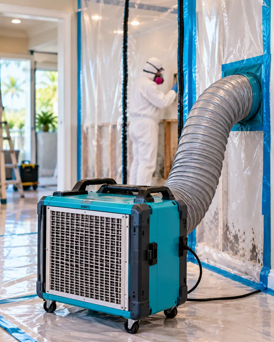 HEPA air scrubber and poly containment set up for mold remediation in Lake Worth Beach